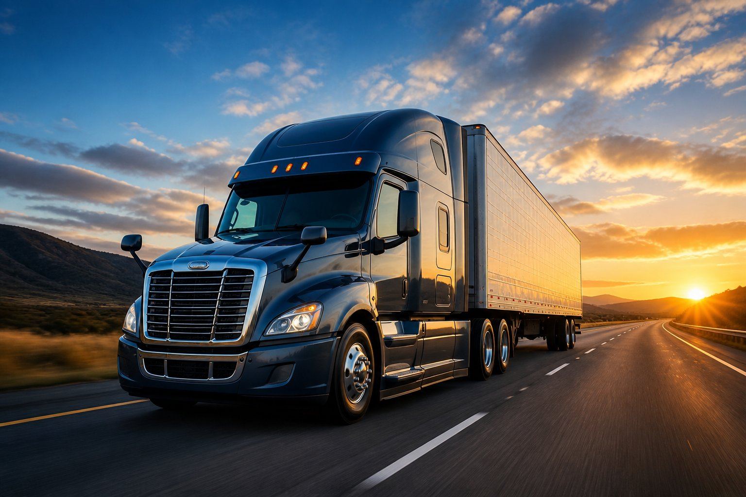 Owner-operator semi-truck on the road at sunset